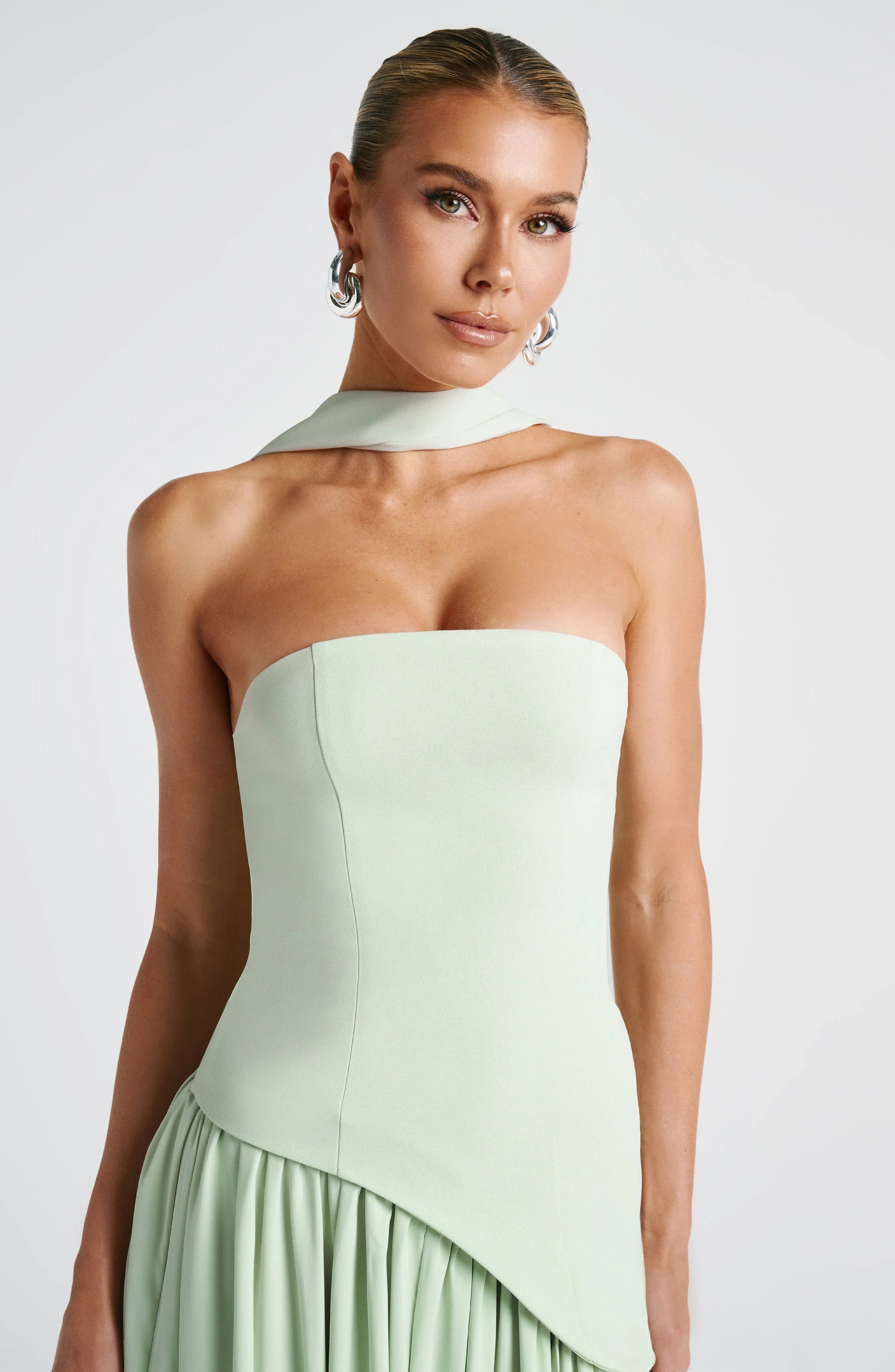 Women’s light green women's strapless maxi dress slit