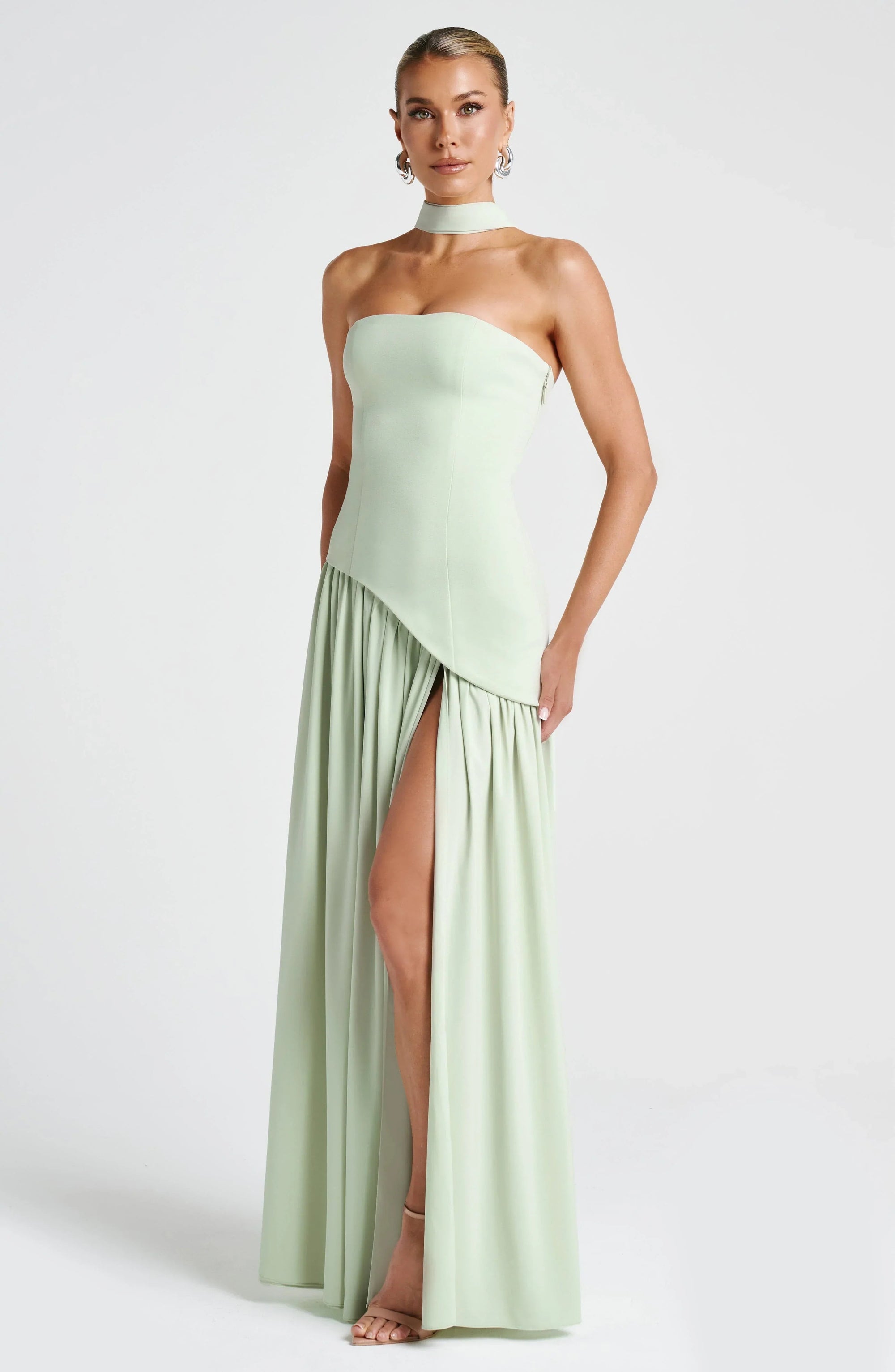 Women’s light green women's strapless maxi dress slit