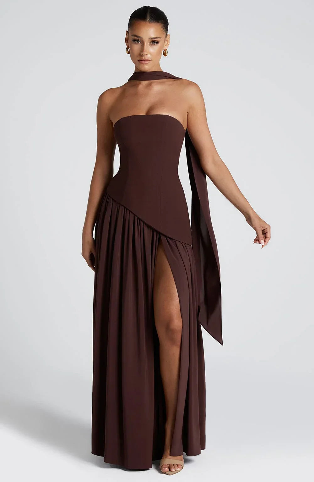 Women’s light green women's strapless maxi dress slit