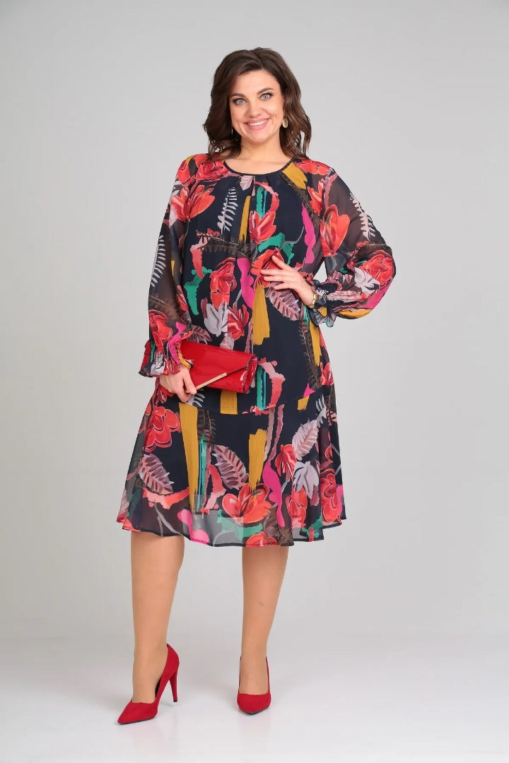 Women's A-Line Midi Dress Floral Long Sleeve 0