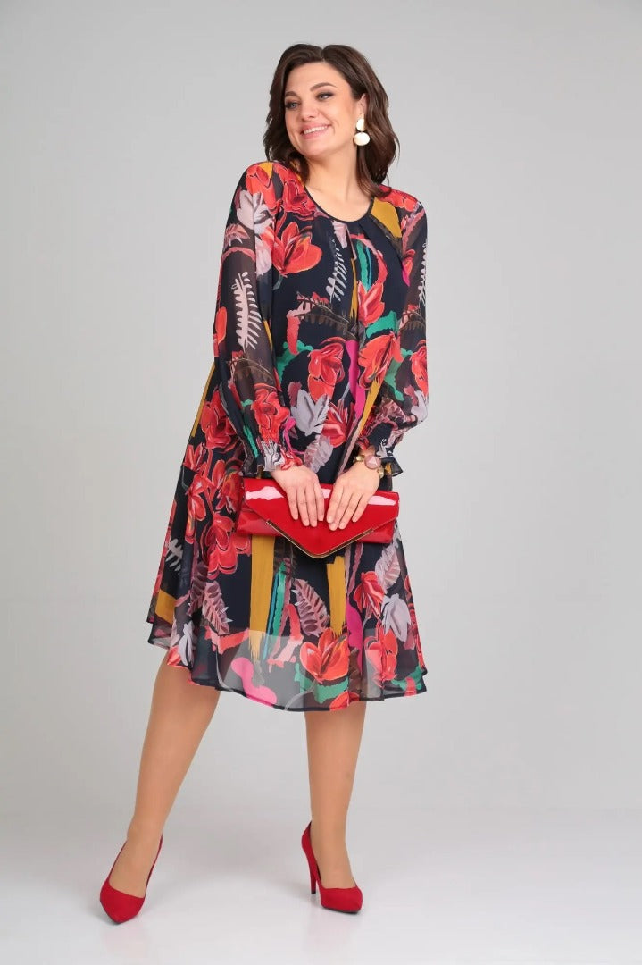 Women's A-Line Midi Dress Floral Long Sleeve 1