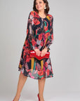Women's A-Line Midi Dress Floral Long Sleeve 1