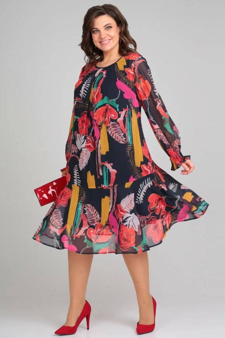 Women's A-Line Midi Dress Floral Long Sleeve 2