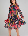 Women's A-Line Midi Dress Floral Long Sleeve 2