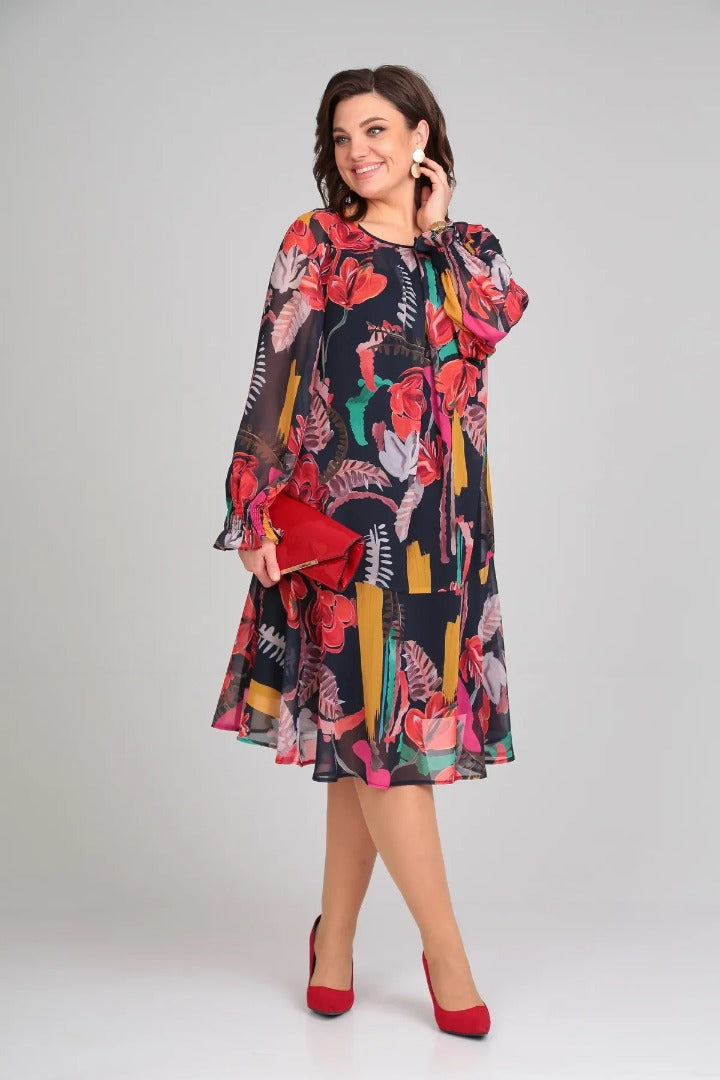 Women's A-Line Midi Dress Floral Long Sleeve 4