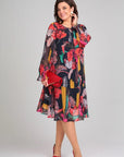 Women's A-Line Midi Dress Floral Long Sleeve 4