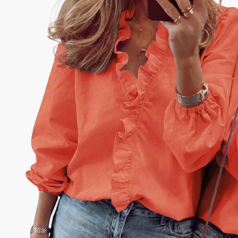 Women's Blouse V-Neckline Ruffle Detail Long Sleeve Woven Top Casual Wear 5