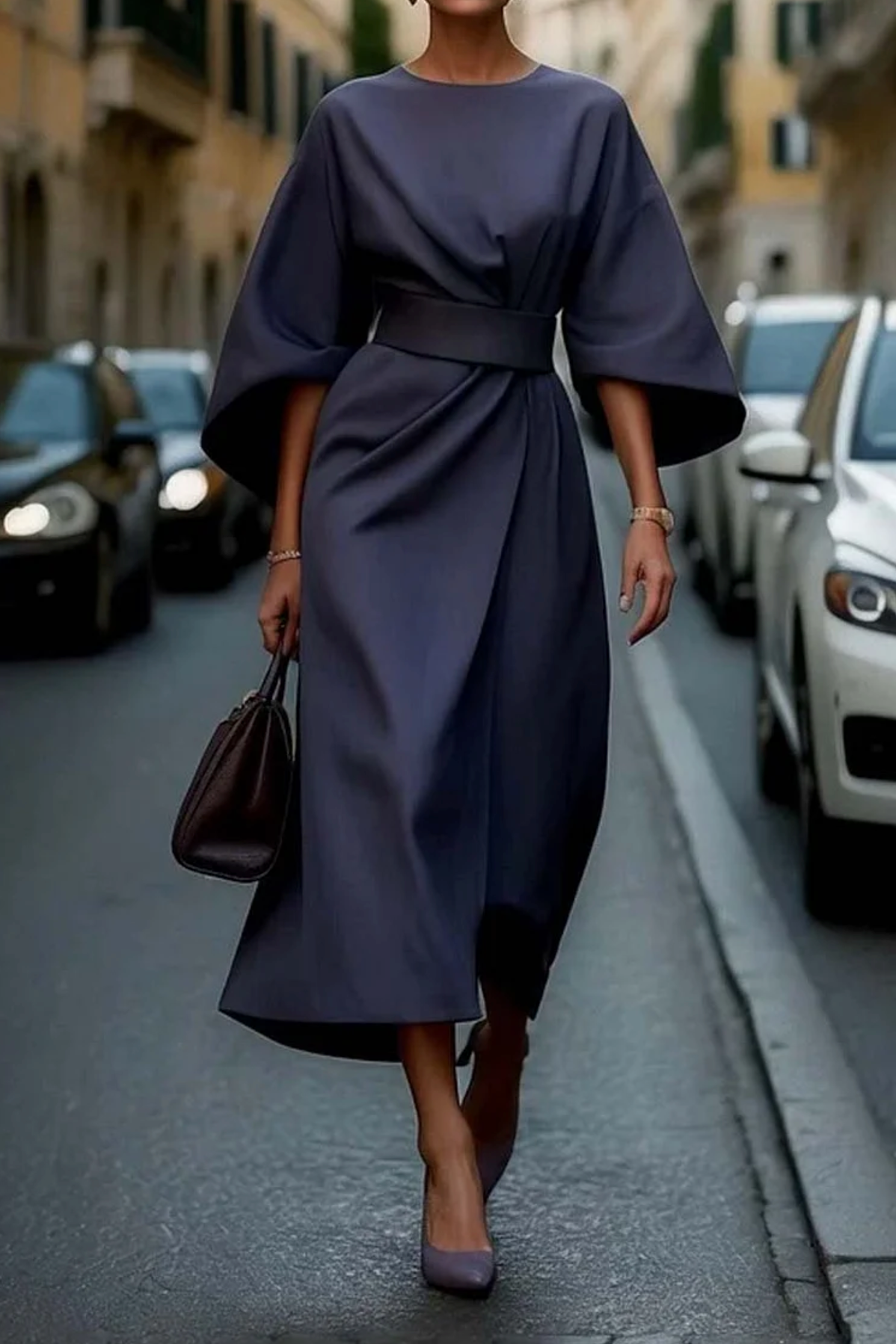 Women's Dress Formal Midi Dress Lantern Sleeves Belted Polyester Fit 0