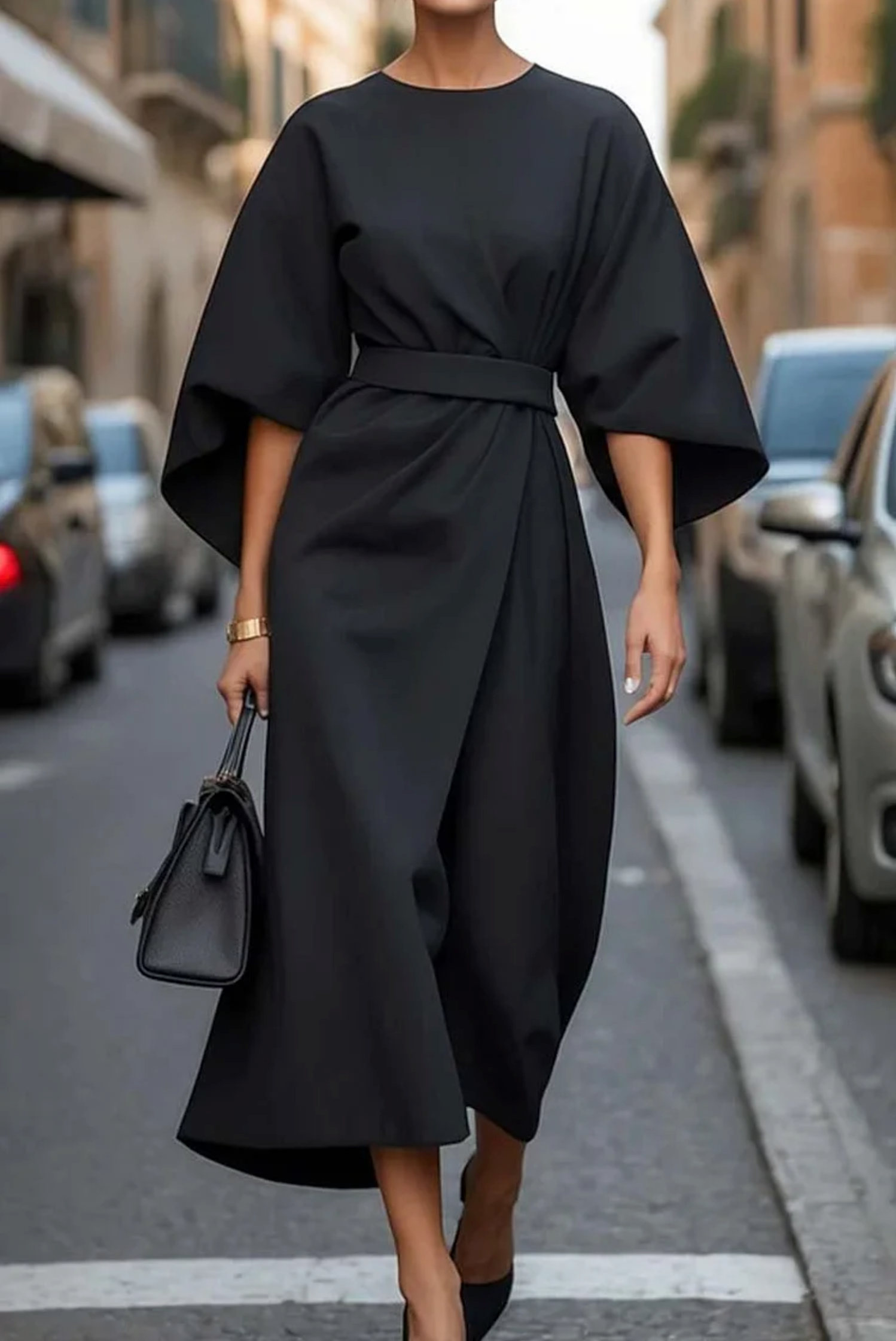 Women's Dress Formal Midi Dress Lantern Sleeves Belted Polyester Fit 3