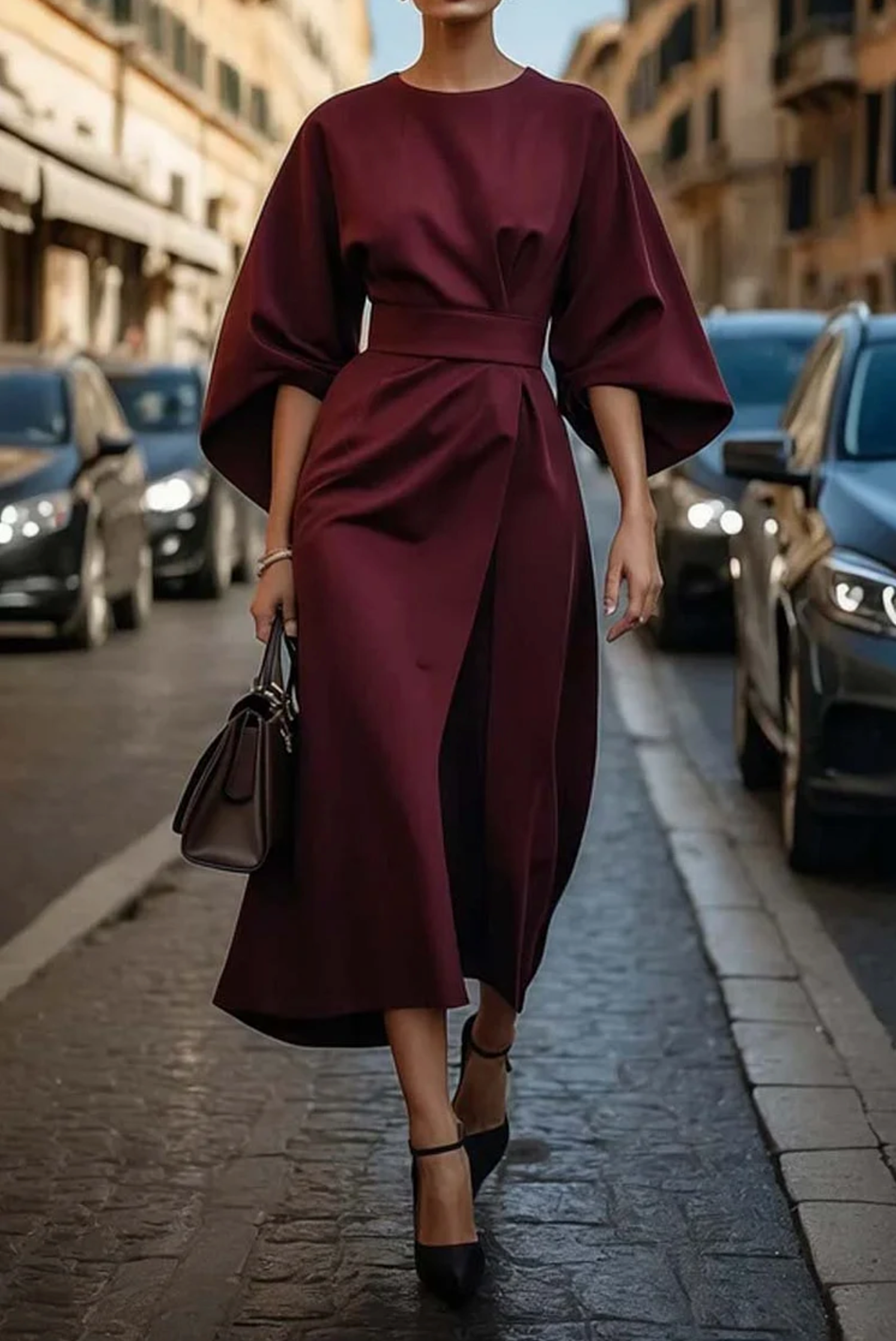 Women's Dress Formal Midi Dress Lantern Sleeves Belted Polyester Fit 4