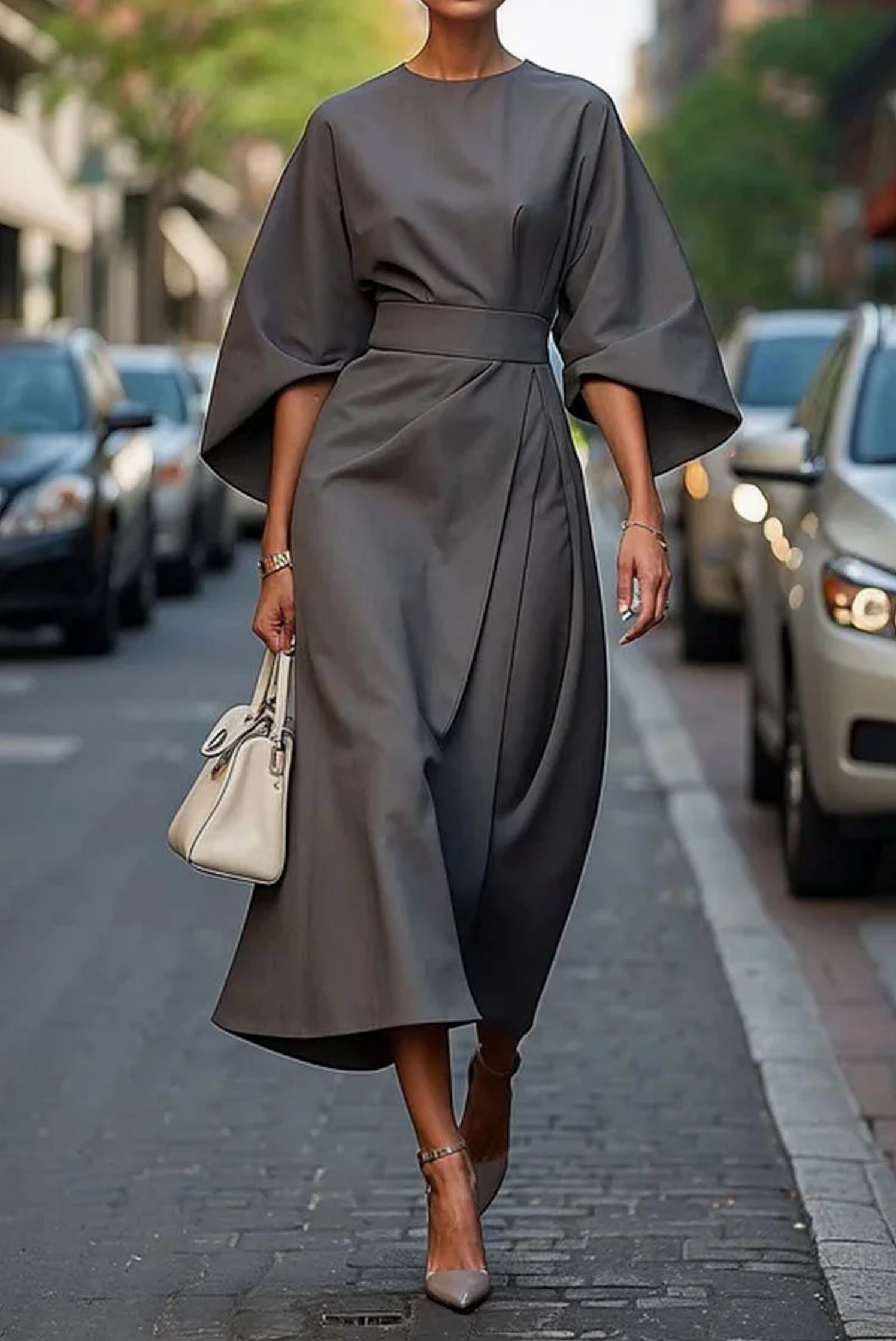 Women's Dress Formal Midi Dress Lantern Sleeves Belted Polyester Fit 5