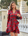 Women's Dress Plaid Wrap Mini Long Sleeve 0