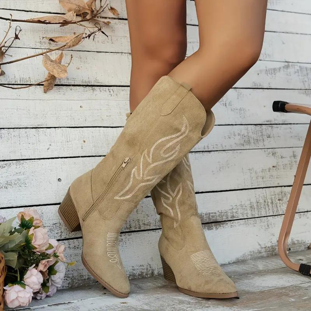 Women's knee-high cowboy boots in sand with western stitching and block heel