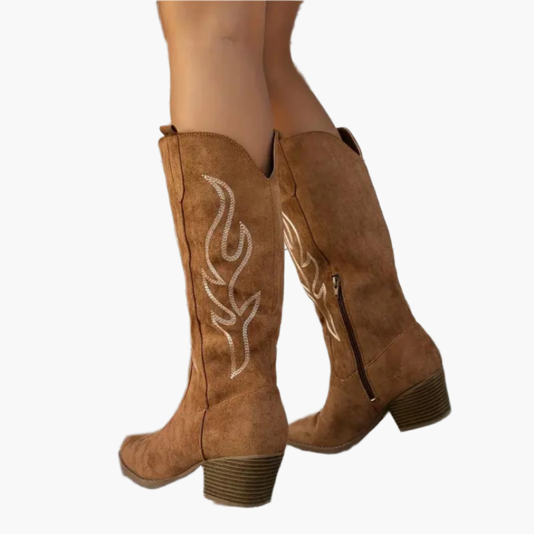Women's knee-high cowboy boots in sand with western stitching and block heel