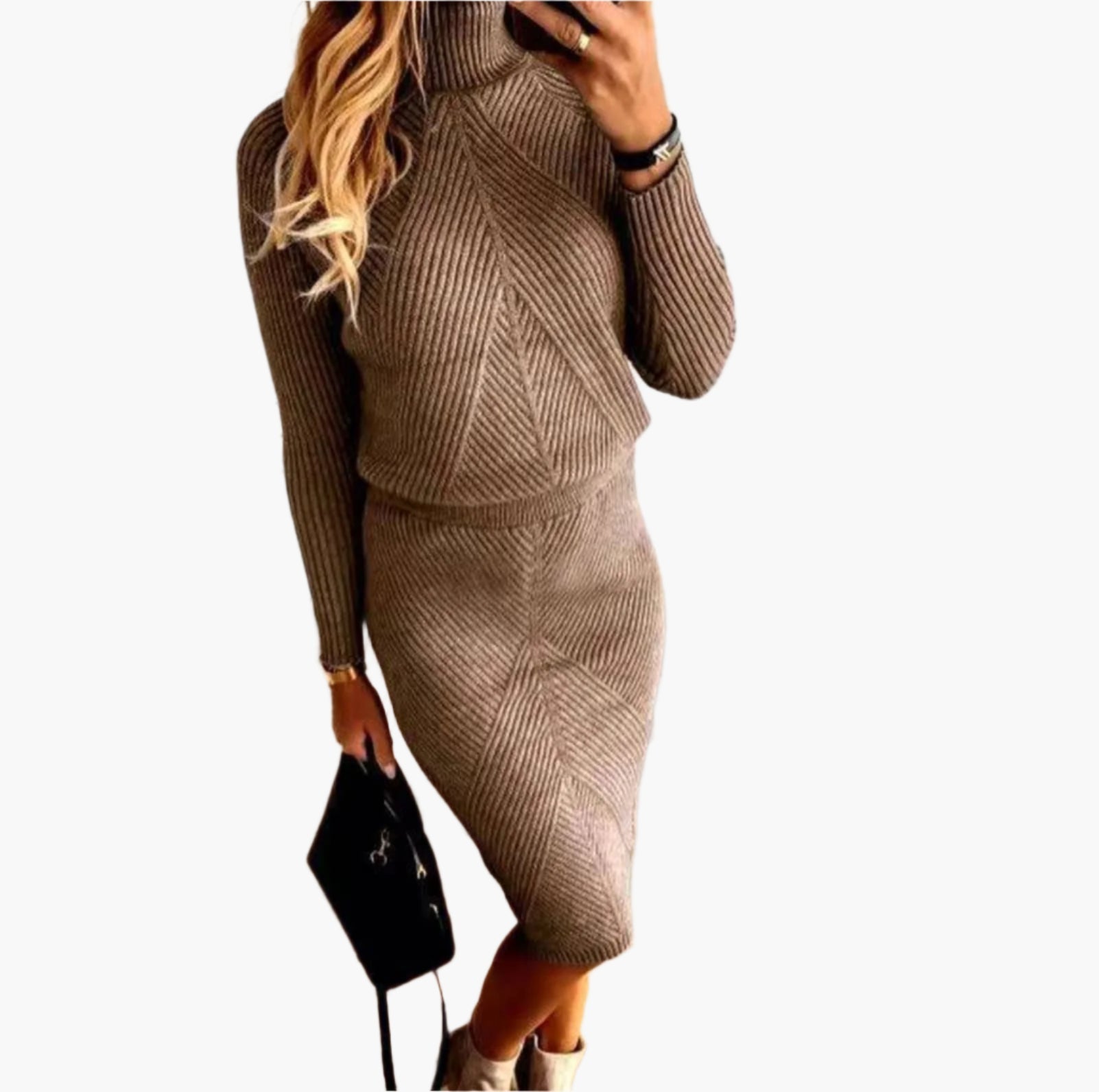 Women's brown ribbed knit two-piece set turtleneck top and midi skirt co-ord