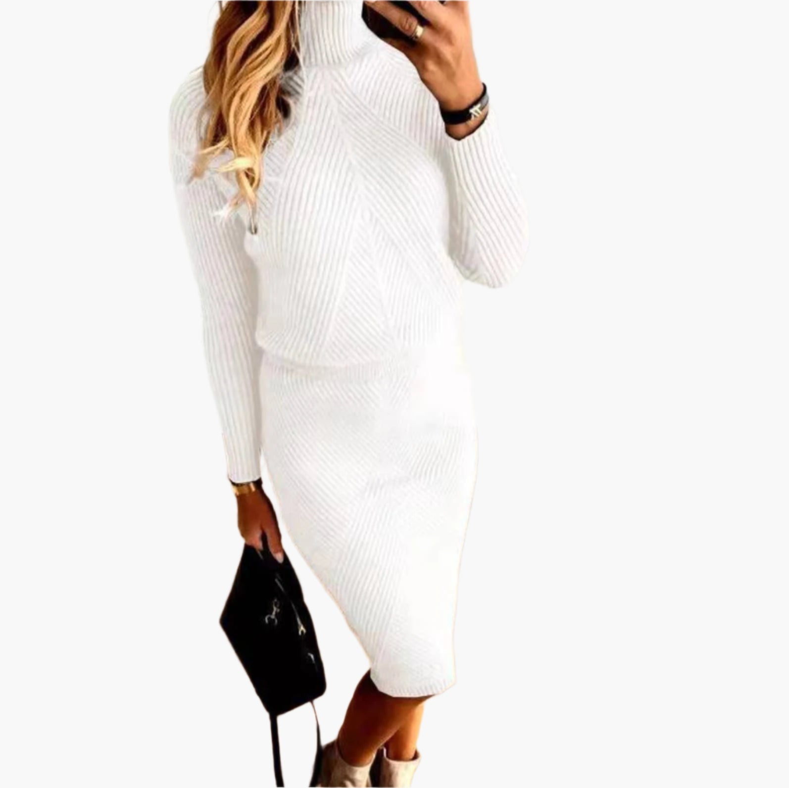 Women's brown ribbed knit two-piece set turtleneck top and midi skirt co-ord