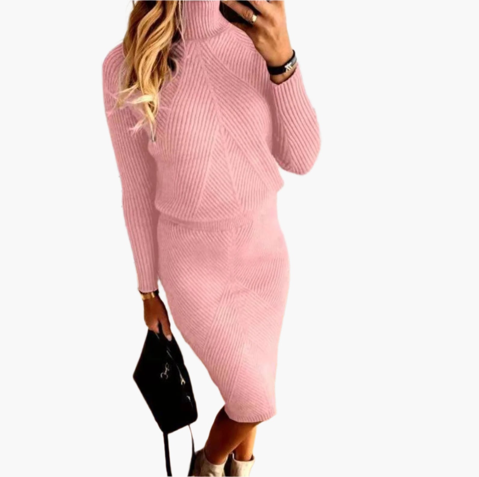 Women's brown ribbed knit two-piece set turtleneck top and midi skirt co-ord