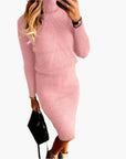 Women's brown ribbed knit two-piece set turtleneck top and midi skirt co-ord