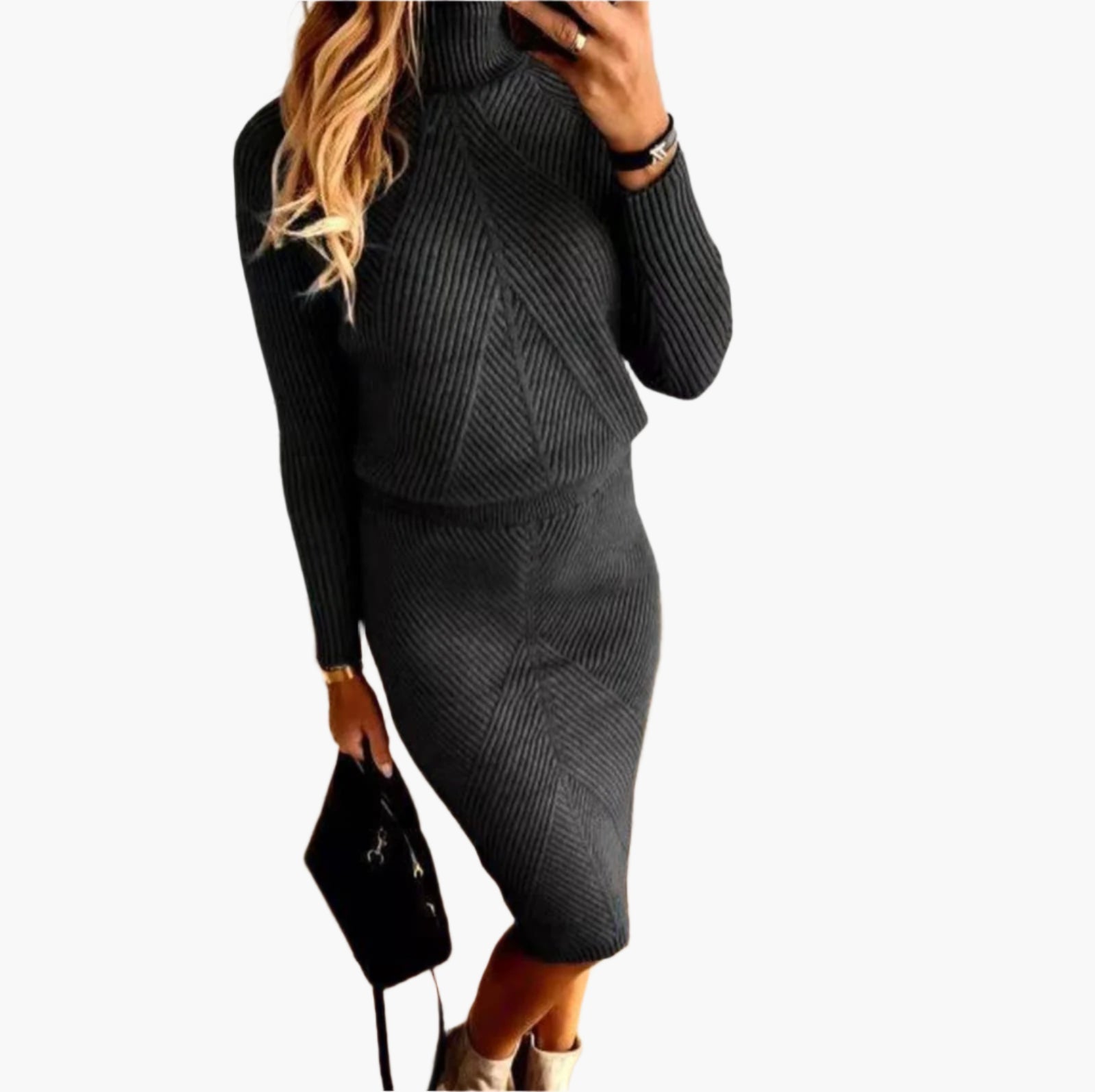 Women's brown ribbed knit two-piece set turtleneck top and midi skirt co-ord