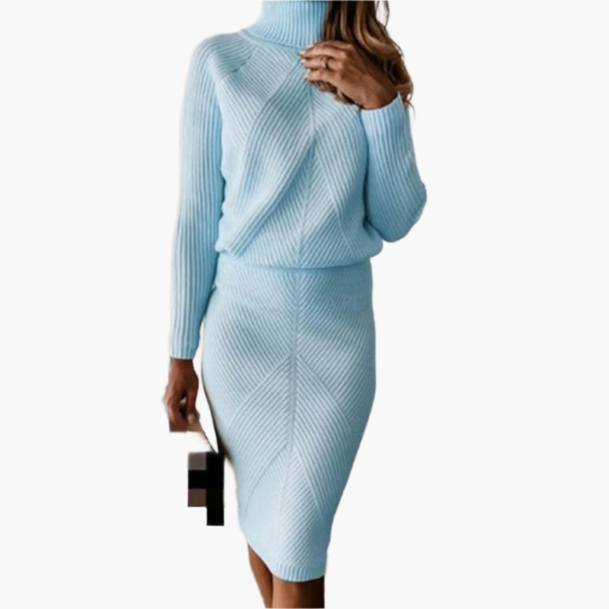 Women's brown ribbed knit two-piece set turtleneck top and midi skirt co-ord