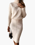 Women's brown ribbed knit two-piece set turtleneck top and midi skirt co-ord