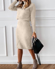 Women's brown ribbed knit two-piece set turtleneck sweater and midi skirt