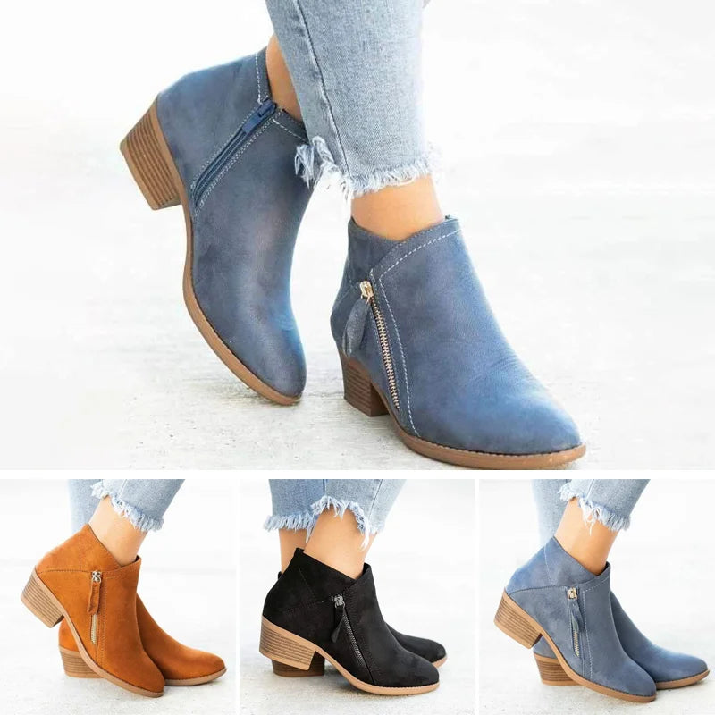 Women's orthopedic ankle boots in blue with anatomical footbed and retro design