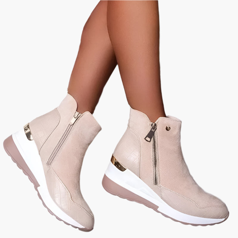 Women's orthopedic wedge ankle boots in beige with side zip fastening
