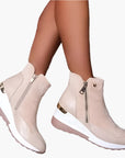 Women's orthopedic wedge ankle boots in beige with side zip fastening