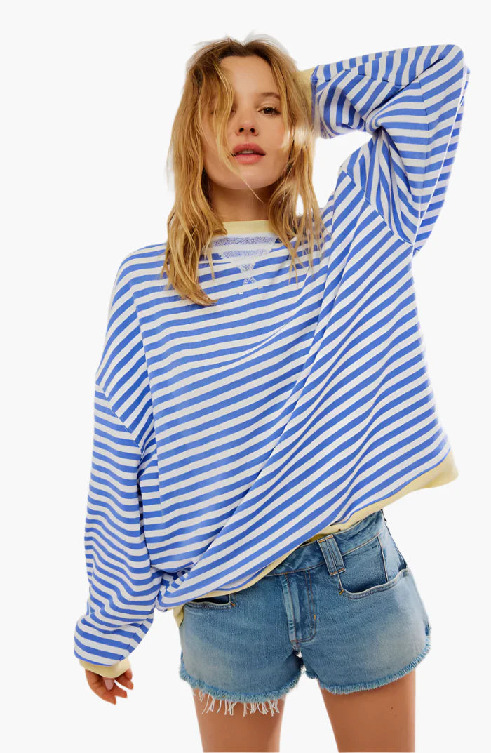 Women's oversized striped knit jumper in sky blue, relaxed fit, cosy winter knitwear