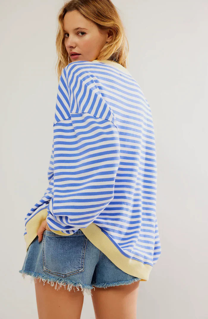 Women's oversized striped knit jumper in sky blue, relaxed fit, cosy winter knitwear