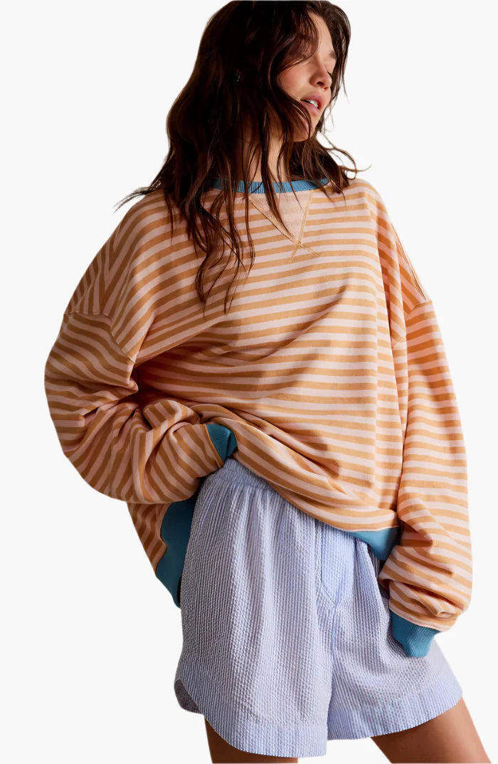Women's oversized striped knit jumper in sky blue, relaxed fit, cosy winter knitwear