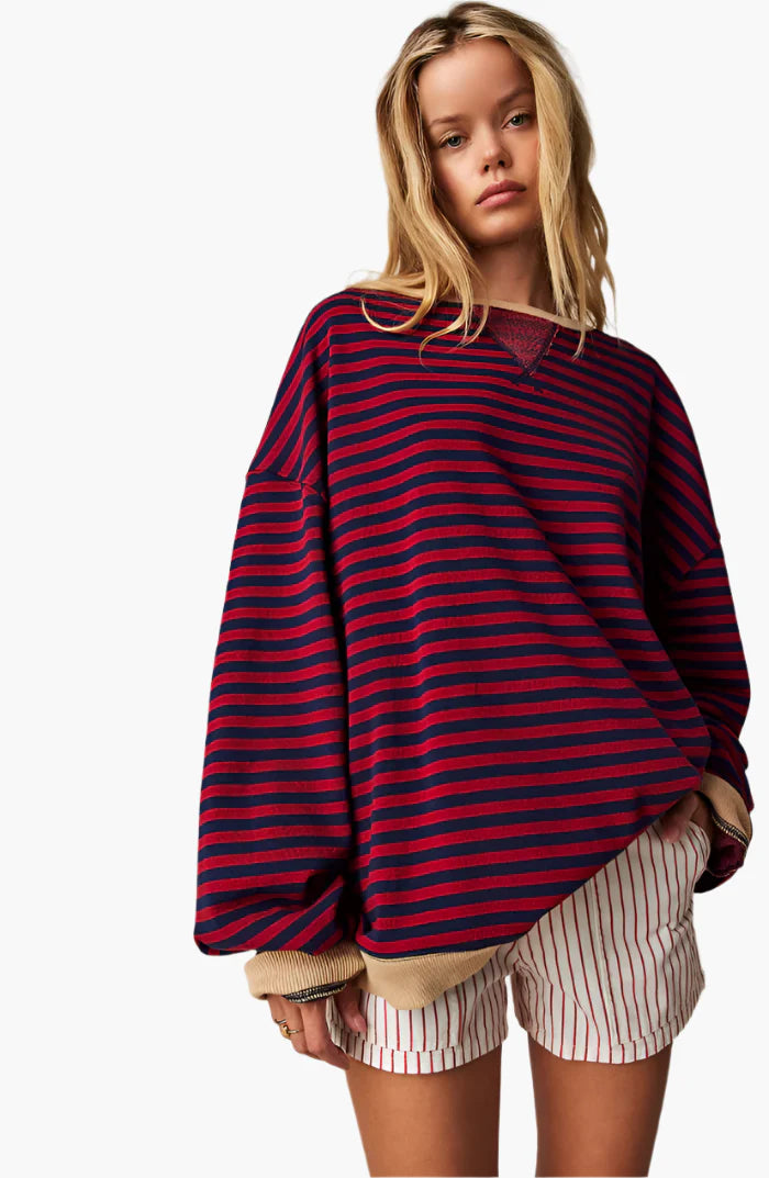 Women's oversized striped knit jumper in sky blue — relaxed fit for NZ winter
