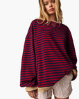 Women's oversized striped knit jumper in sky blue — relaxed fit for NZ winter