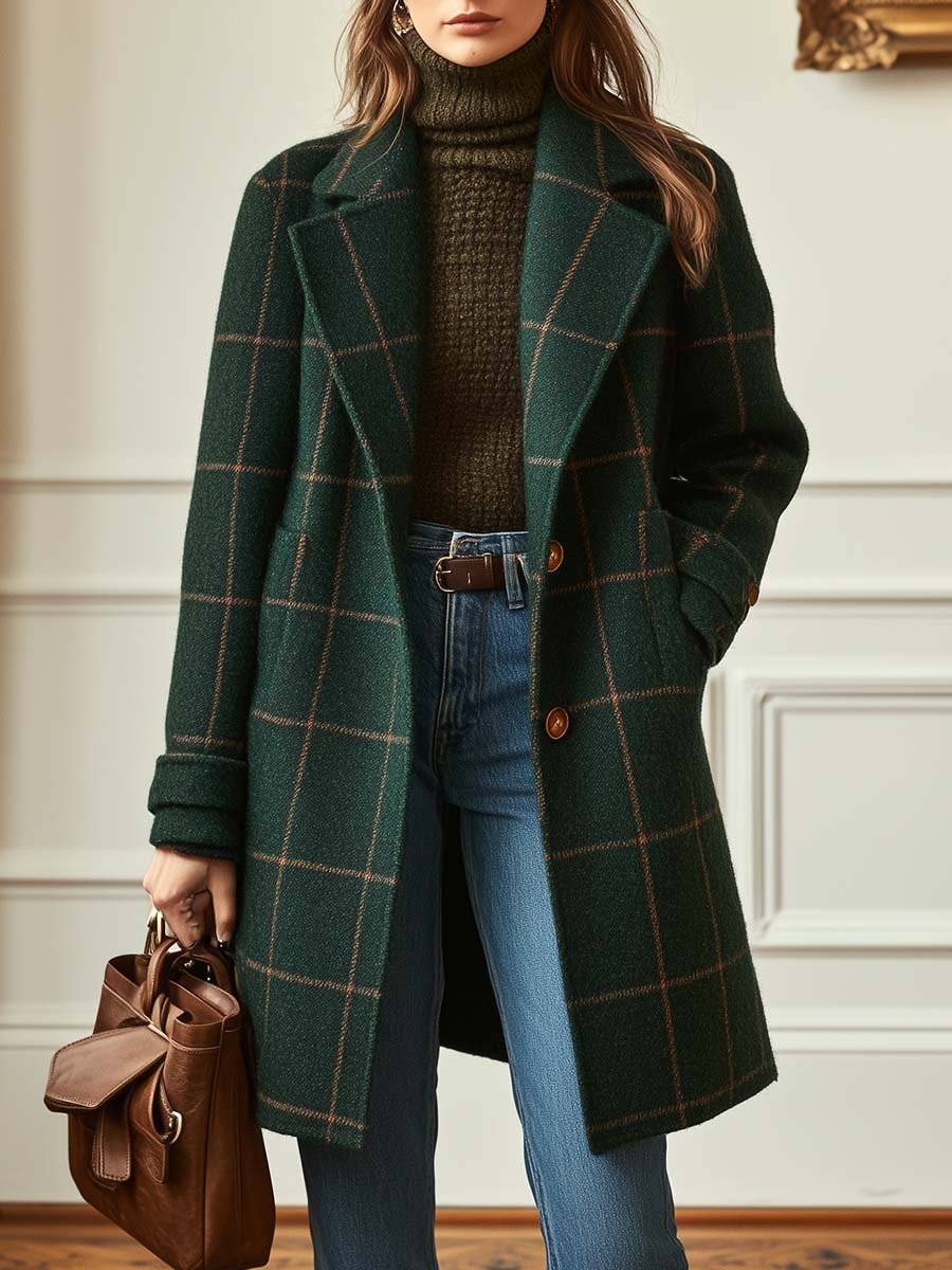 Women's dark green retro plaid tweed coat with lapel