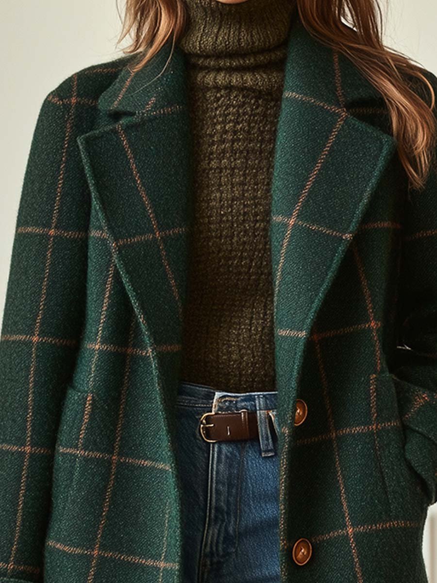 Women's dark green retro plaid tweed coat with lapel