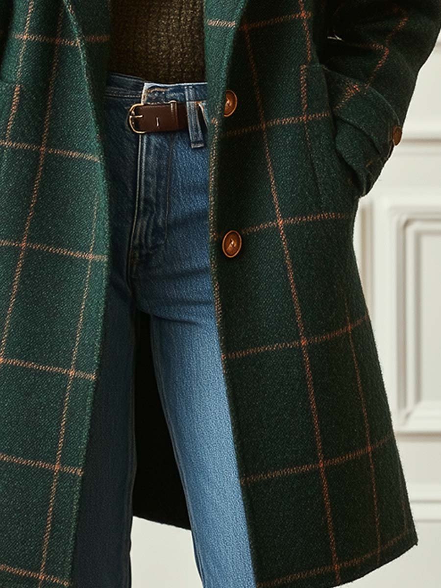 Women's dark green retro plaid tweed coat with lapel