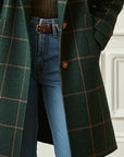 Women's dark green retro plaid tweed coat with lapel