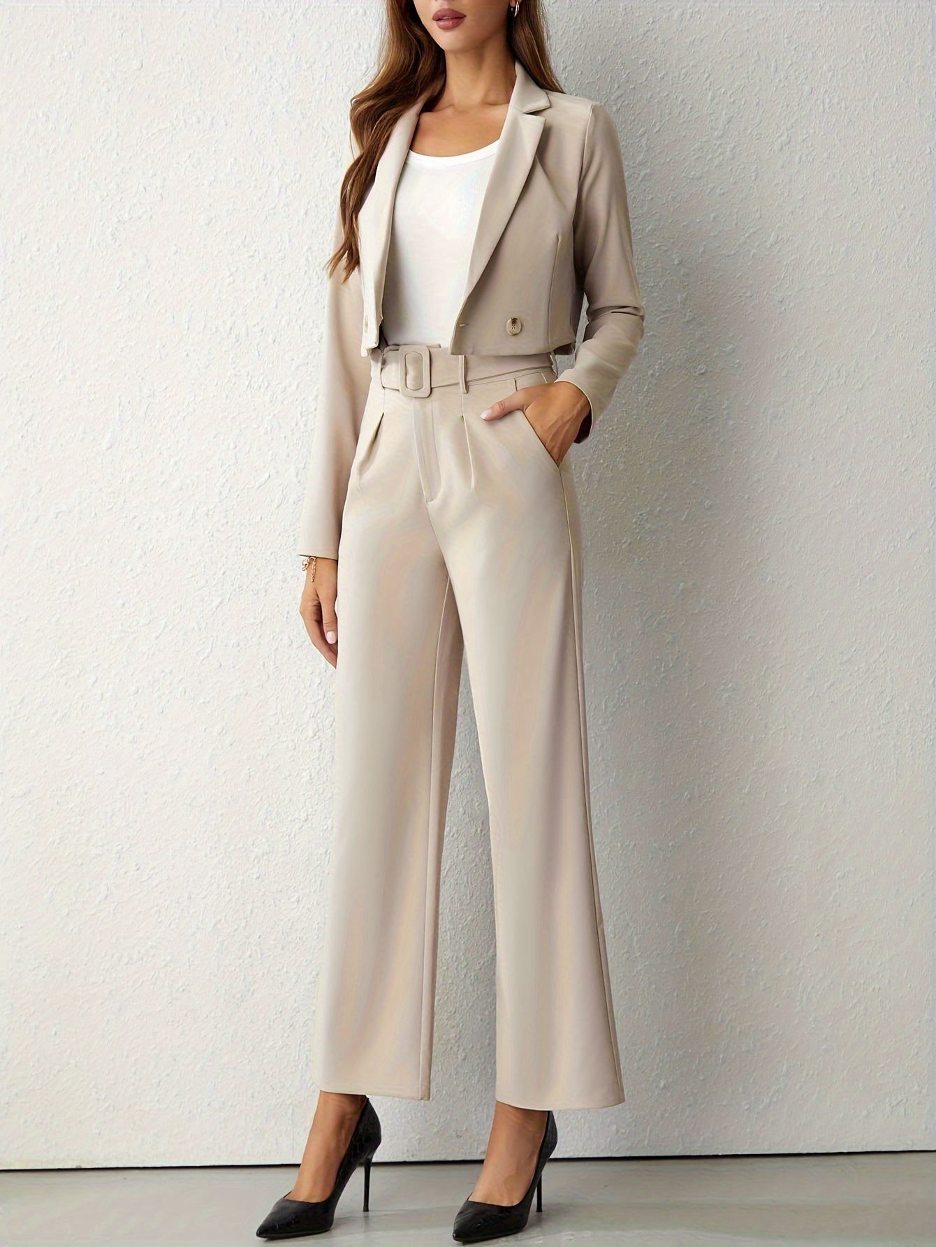 Women's Suit Cropped Blazer Wide Leg Pants 0