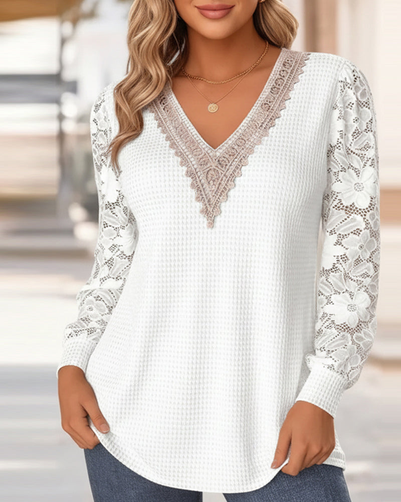 Women's T Shirt with Lace Sleeves, V Neck 1