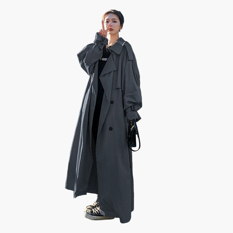women's grey oversized long double-breasted trench coat
