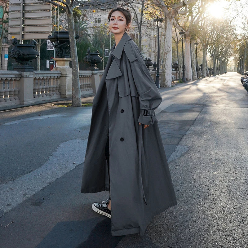 women's grey oversized long double-breasted trench coat