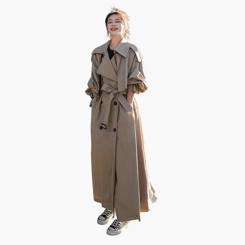 women's grey oversized long double-breasted trench coat