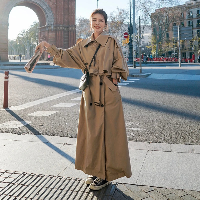 women's grey oversized long double-breasted trench coat
