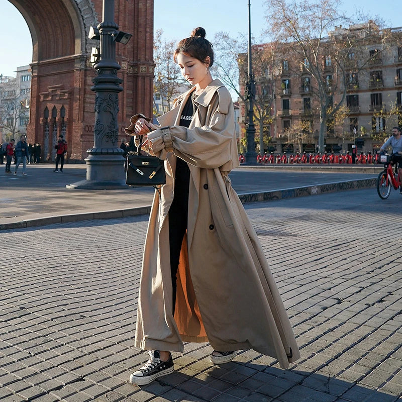 women's oversized long double-breasted trench coat in classic style