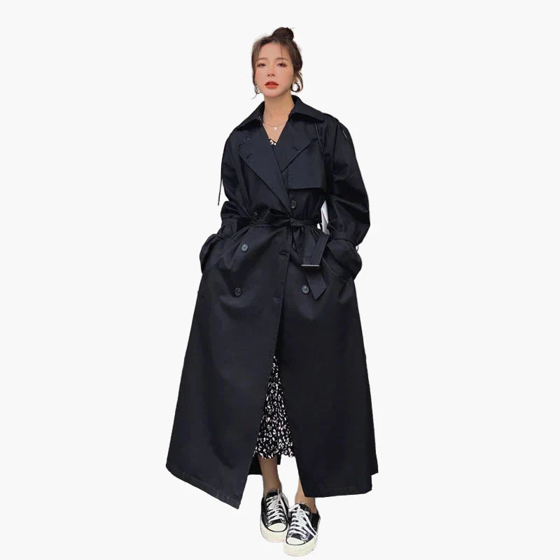 women's oversized long double-breasted trench coat in classic style