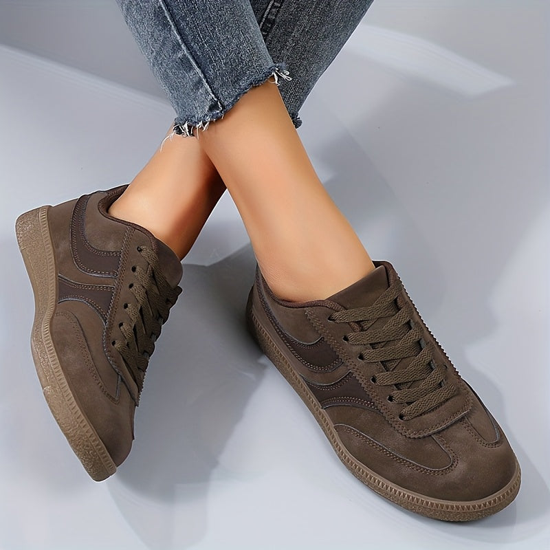 Women's vintage brown retro sneakers with low-top profile and cushioned insole