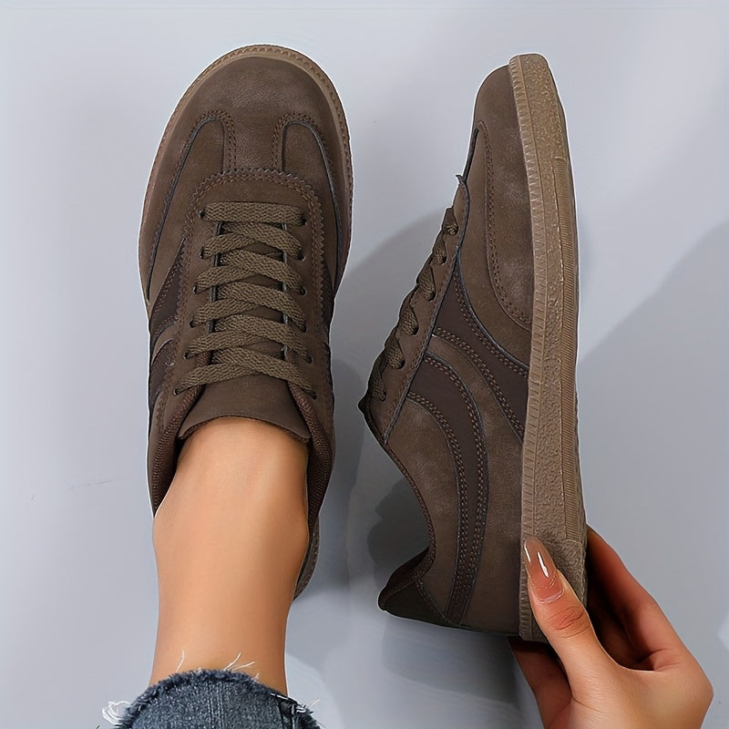 Women's vintage brown retro sneakers with low-top profile and cushioned insole