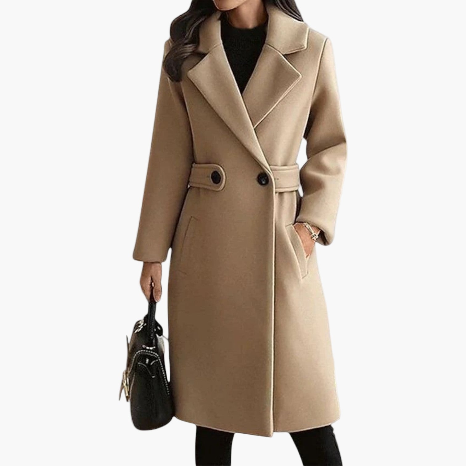 women's camel belted slim fit winter coat