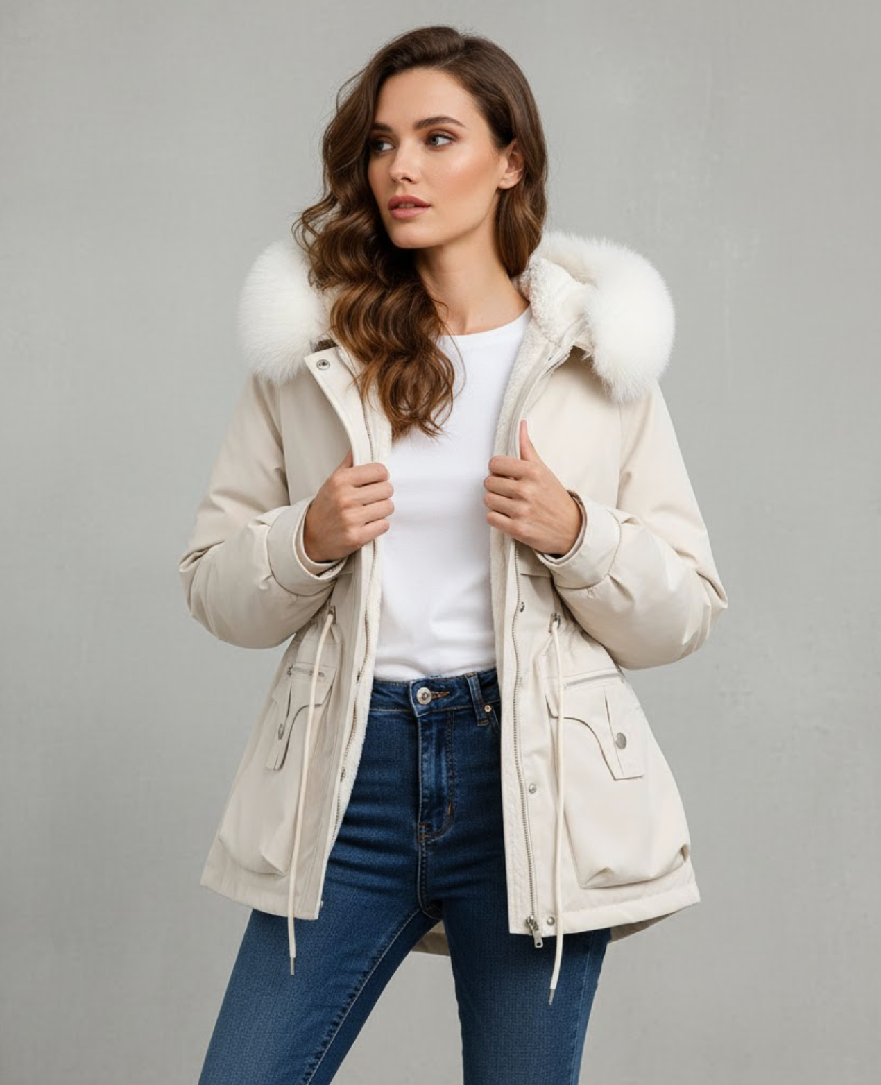 Women's White Hooded Parka elegant warm winter coat